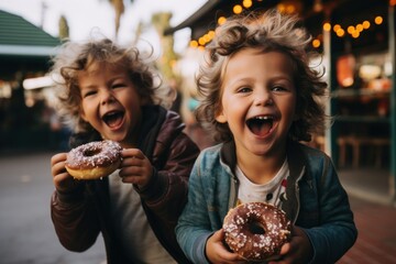 Naklejka premium Joyful Childhood: Two Kids Laughing with Donuts at an Outdoor Fair 