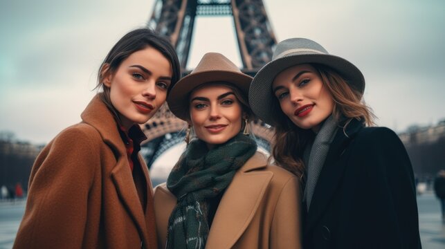 Three confident women posing in front of the Eiffel tower