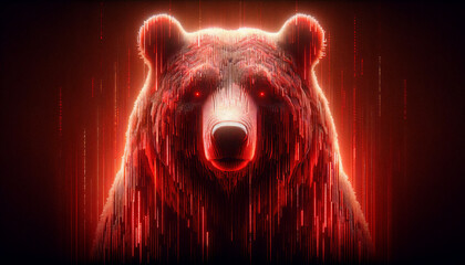Red cyber bear stock market portrait. Representing the bearish sentiment of investors - obrazy, fototapety, plakaty