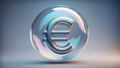 Shiny euro symbol captured within a soap bubble, depicting the ephemerality and fluctuating strength of the European economy - obrazy, fototapety, plakaty
