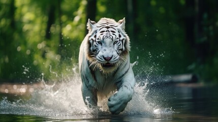 White siberian tiger runs on water, in forest. Dangerous animal. Animal in a green forest stream - obrazy, fototapety, plakaty