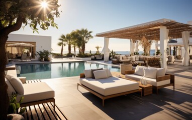 Obraz premium A modern superior hotel pool and superior outdoor sofas at a sunny day