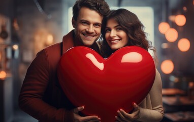Romantic moment, couple with a big red heart in valentine photoshoot - obrazy, fototapety, plakaty