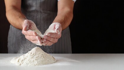 Photo of flour and men's hands with flour. Cooking bread. Kneading the dough. Isolated on a dark background. Empty space for text.