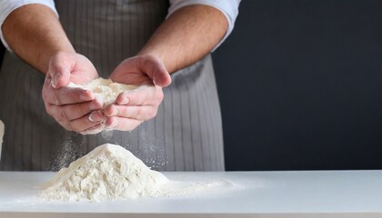 Photo of flour and men's hands with flour. Cooking bread. Kneading the dough. Isolated on a dark background. Empty space for text.