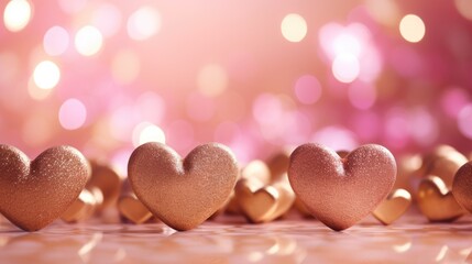 Obraz premium Golden hearts on a pink background. Happy Valentine Day wedding. Bokeh lights