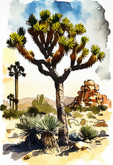 Joshua Tree National Park Landscape in Watercolor Illustration