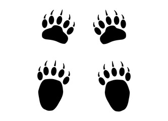 Bear or panda furry paw footprint with claws. Silhouette, contour. Icon. Vector isolated on white. Black and white. Grizzly wild animal paw print icon and symbol. Print, textile, postcard, pet store.
