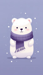 A cute illustrated white bear wearing a checked scarf, in the style of animated gifs, simple shapes