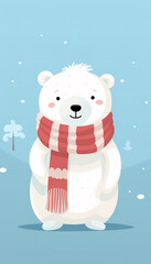A cute illustrated white bear wearing a checked scarf, in the style of animated gifs, simple shapes