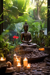 A tranquil meditation space in a lush garden, with a central Buddha statue, surrounded by aromatic candles