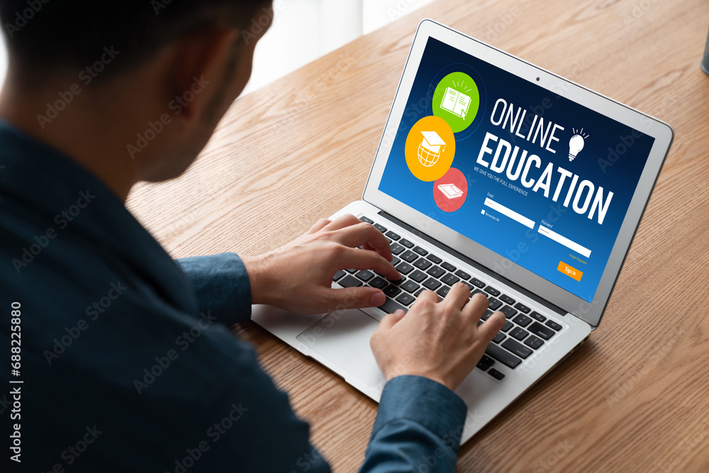 Poster e-learning website with modish sofware for student to study online on the internet network