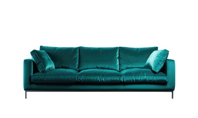 Elegant teal blue velvet sofa with plush cushions on a transparent background.
