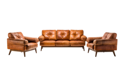 An elegant set of brown leather 3 seater sofa and armchairs, blending comfort with modern luxury in home decor.