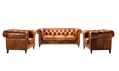 An elegant set of brown leather 3 seater sofa and armchairs, blending comfort with modern luxury in home decor.