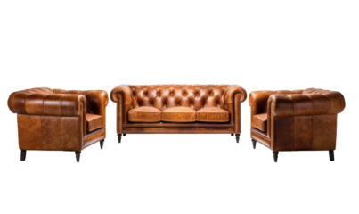 An elegant set of brown leather 3 seater sofa and armchairs, blending comfort with modern luxury in home decor.