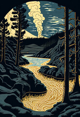 Stylized Woodblock Print of Yellowstone National Park with Geysers