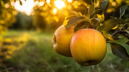 Golden Delicious apples at golden hour in September, dramatic yellow color