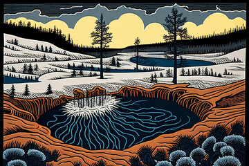 Stylized Woodblock Print of Yellowstone National Park with Geysers