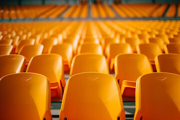 Fototapeta premium Empty stadium seats of a running court seen from the opposite side, frontal view