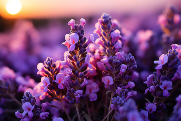 Explore the abstract beauty of a field of lavender, emphasizing the soothing colors and repeating patterns of the blossoms - obrazy, fototapety, plakaty