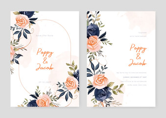 Peach and blue rose set of wedding invitation template with shapes and flower floral border