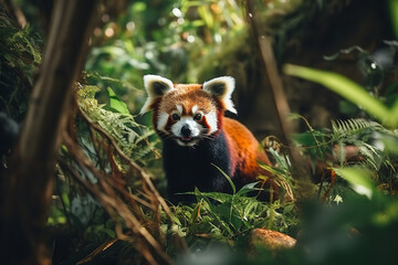 Playful red panda exploring bamboo forest, hyper-realistic, full body details, focus sharp, dramatic color
