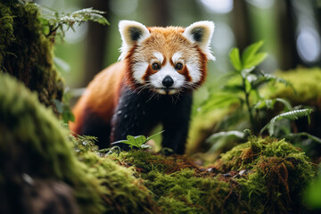 Playful red panda exploring bamboo forest, hyper-realistic, full body details, focus sharp,...