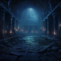 a dnd fantasy setting. This university is hidden underground and consists of ancient crypts and catacombs. Eerie blue flames light the way, and necromantic symbols adorn the walls. Oil paint style.
