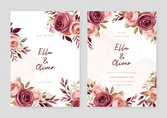 Pink and red rose luxury wedding invitation with golden line art flower and botanical leaves, shapes, watercolor