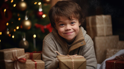 Fototapeta na wymiar smiling little boy with down syndrome among Christmas decorations and gift boxes. disabled child in a sweater
