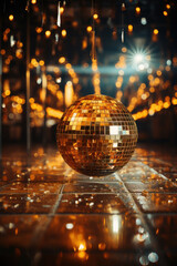 golden disco ball shines and glows. party and celebration in the club. lights and bokeh on the background.