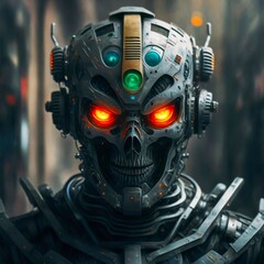 Fototapeta premium Robot Cyborg Head Machine Metal Future Science skeleton. A cybernetic robot's skull head in dark metallic material, featuring glowing eyes and a futuristic design against a uniformly dark backdrop