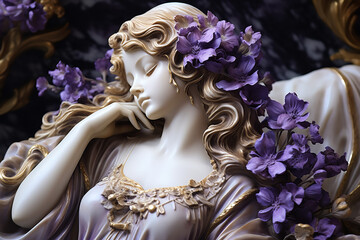 Woman flower purple marble and detalhes Gold statue portrait woman