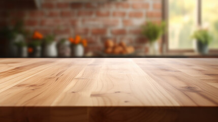 Wooden Table Top in Front of Brick Wall