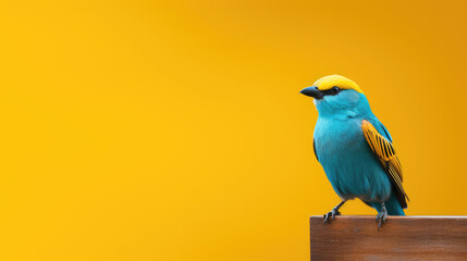 Blue Bird Perched on Wooden Post with Blue Sky Background