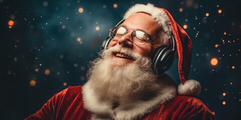 Santa Claus enjoys some music wearing headphones isolated on simple shiny background with copy space, Christmas music, holidays joyful life concept.