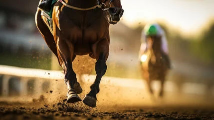 Crédence de cuisine en verre imprimé Chemin de fer Horse racing details of galloping horses legs on hippodrome track