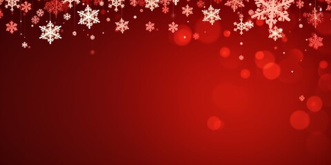 Xmas and New Year holiday red background with 3d dripping shiny snowflakes, Christmas banner, postcard, invitation, celebration. Flat lay, top view, with copy space.