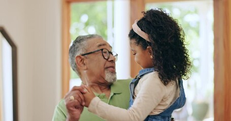 Family, grandfather and girl with dance in home for childhood memory, bonding and care with movement. Mexican people, smile and happy for teaching in living room for love with quality time together