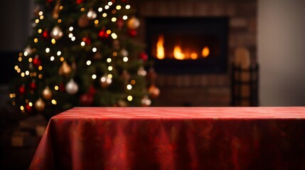 Empty table covered with tablecloth on blurred shiny Christmas tree and stove home background with copy space.