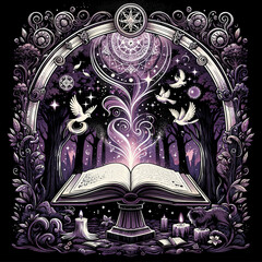 Mystical Open Book with Magical Symbols and Nature Elements

