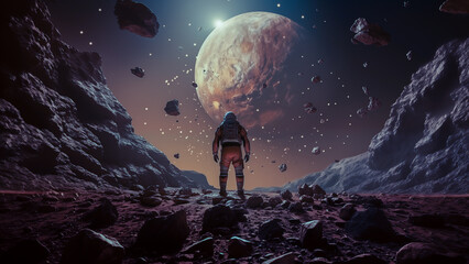 Astronaut between rocks on Mars
