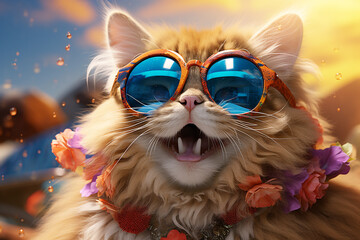 cute, funny, happy, adorable cat, kitty on the beach with humorous sunglasses. summertime, beach palm tree, heat relax, vacation.