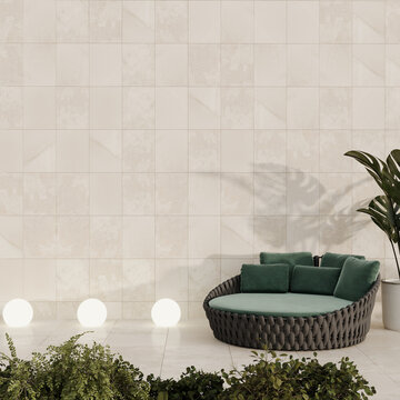Terrace with daybed green recliner outside. The patio loggia is a cozy place for summer holidays and rest vacation hotel. Beige travertine and daylight. Patio design yard outdoor lights. 3d rendering 