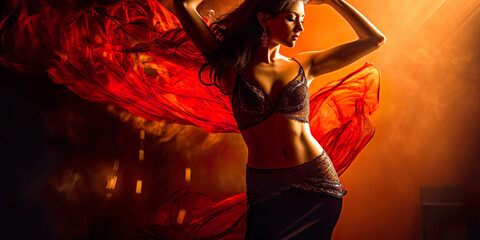 Attractive woman dancing in belly dance costume
