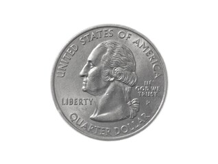 A quarter dollar coin in silver on a white isolated background