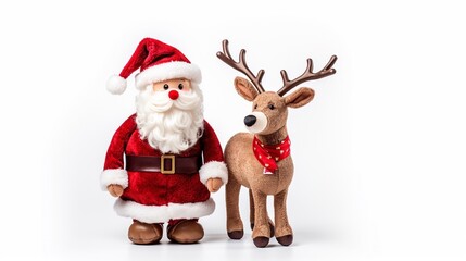 Santa Claus together with his reindeer plush toy isolated on white background,  Xmas deer and Santa soft baby toys.