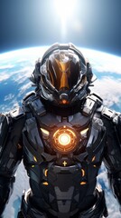 Infinite black outer space. an astronaut in a futuristic space suit with the earth in the background