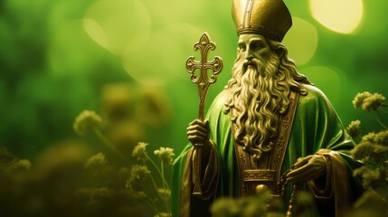 Saint Patrick on a blurred green background - obrazy, fototapety, plakaty